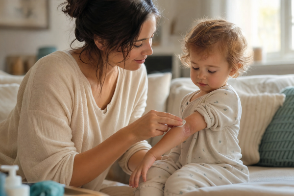 parent applying moisturizer to child's arm with eczema